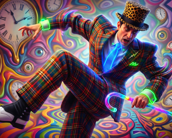 Psychedelic Full-Body Shot of Man in Vibrant Outfit