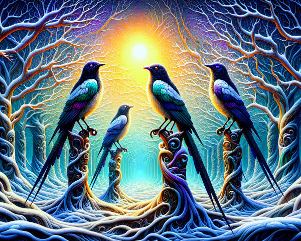 Surreal Forest with Colorful Birds and Twisting Branches