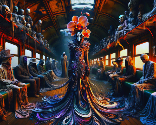 Surreal Scene in Dimly Lit Train Carriage with Figures