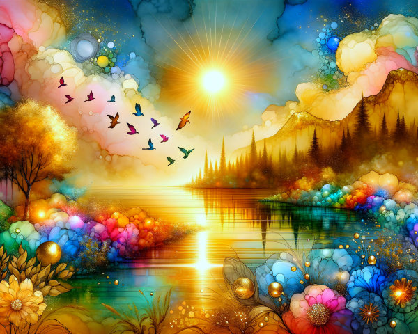 Ethereal Landscape with Lake and Colorful Birds