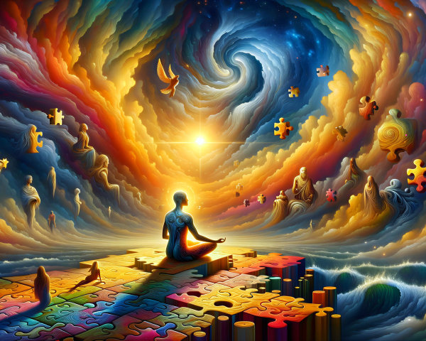 Serene figure on vibrant puzzle platform in cosmic colors