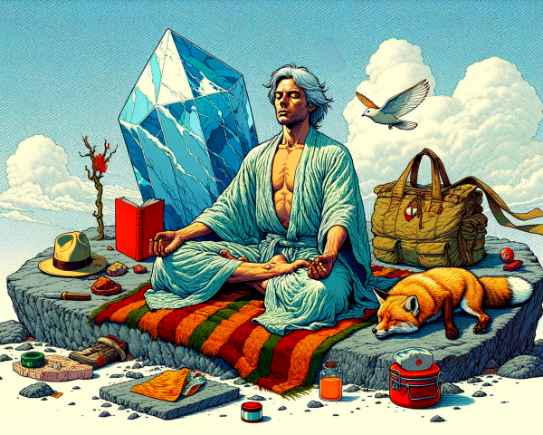 Meditating Figure in Nature with Crystal and Wildlife