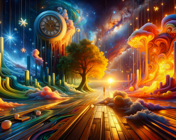 Vibrant Cosmic Landscape with Central Tree and Clock