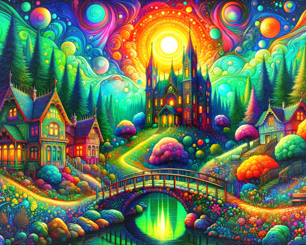 Psychedelic Landscape with Whimsical Houses and Colors