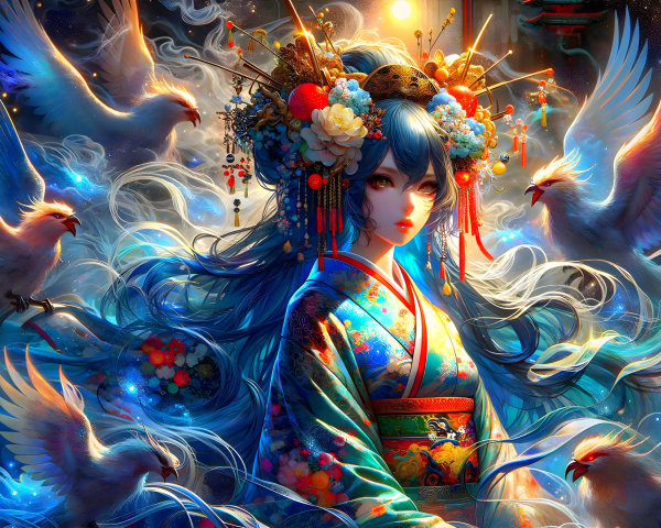 Mystical figure in vibrant kimono with floral patterns
