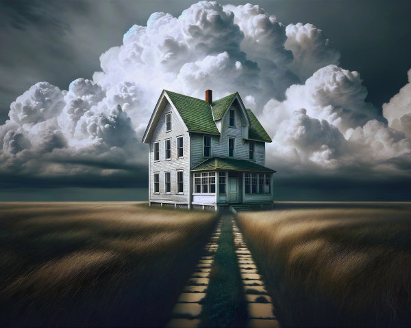 Vintage House Surrounded by Golden Grass and Clouds