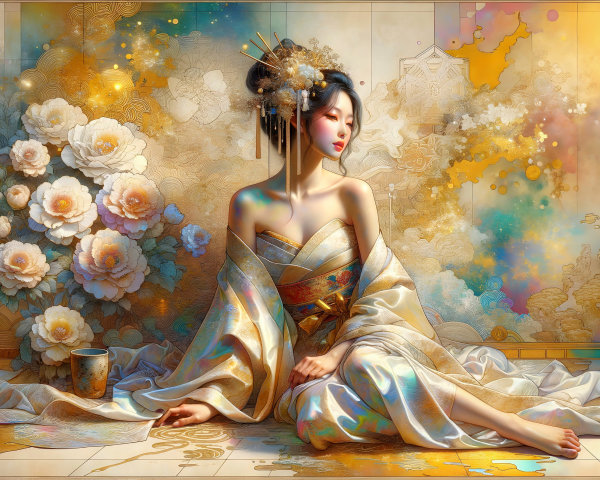 Serene Woman in Traditional Attire Surrounded by Peonies