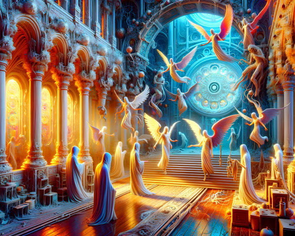 Ethereal Hall with Angelic Figures and Intricate Design
