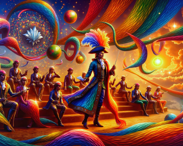 Surreal Scene of Costumed Figure Amid Cosmic Colors