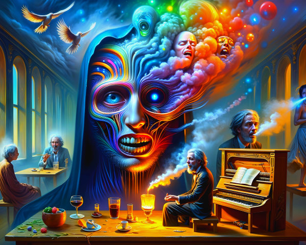 Surreal Scene with Vibrant Colors and Dreamlike Elements