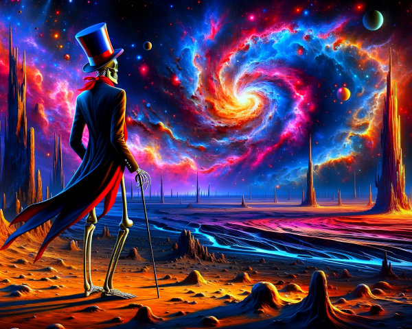 Skeletal Figure in Cosmic Landscape with Nebulae