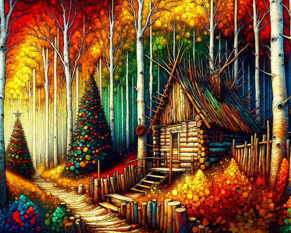 Autumn Forest Scene with Cabin and Christmas Trees