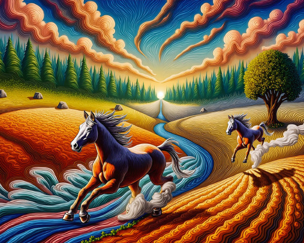 Vivid Landscape with Galloping Horses at Sunset