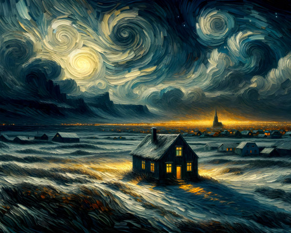 Winter Night Scene with Cozy House and Snowy Landscape