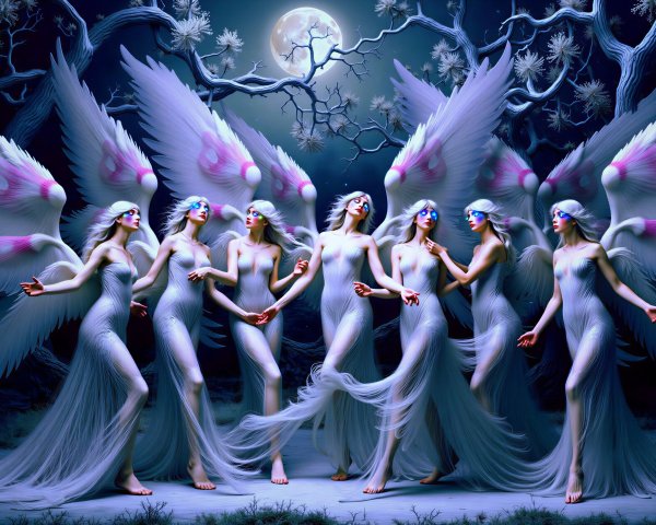 Ethereal Figures with Wings in Mystical Night Scene