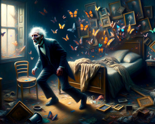 Old Man in Chaotic Room with Butterflies and Light
