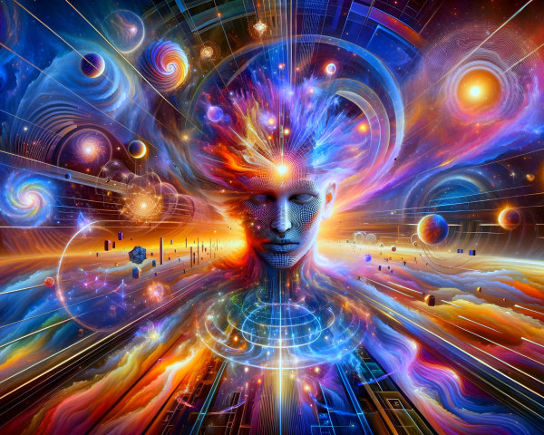 Ethereal Figure in Cosmic Landscape with Radiant Energy