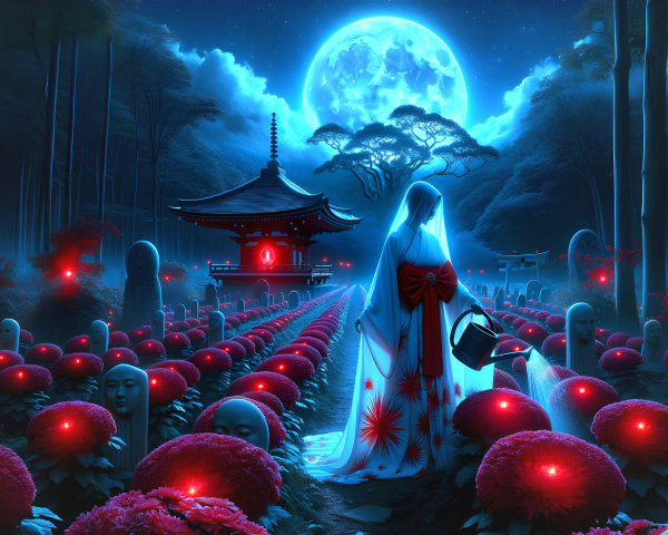 Mystical Landscape with Kimono Figure and Lanterns