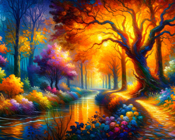 Vibrant autumn forest scene with colorful foliage and river