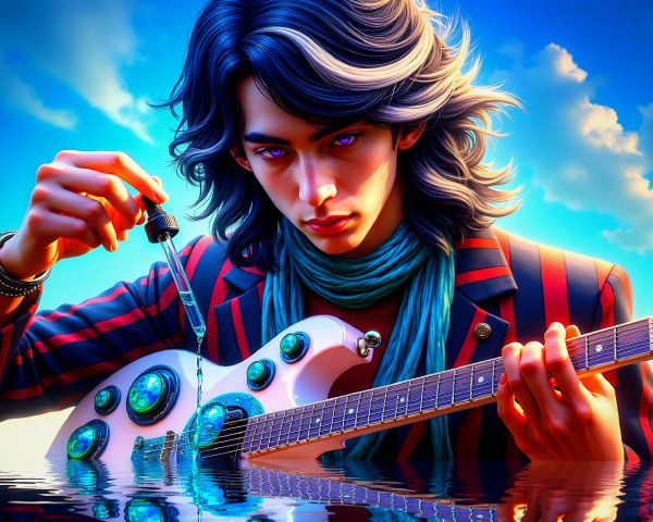 Young man with unique guitar in serene setting