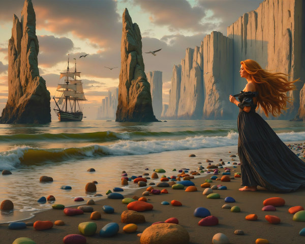 Serene beach with colorful stones and a distant ship