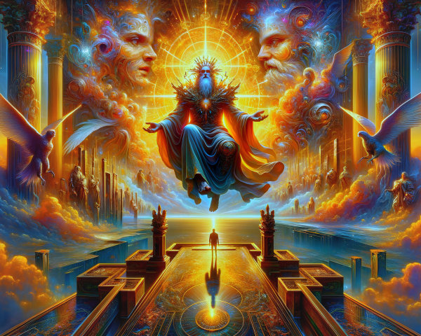 Majestic Scene of a Divine Figure in Vibrant Realm