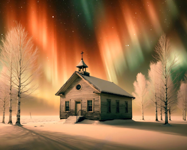 Wooden Church in Snowy Landscape Under Auroras
