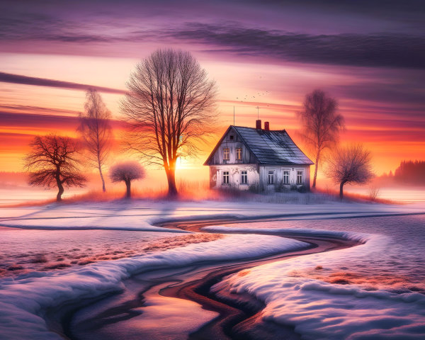 Charming House in Serene Winter Landscape at Sunset