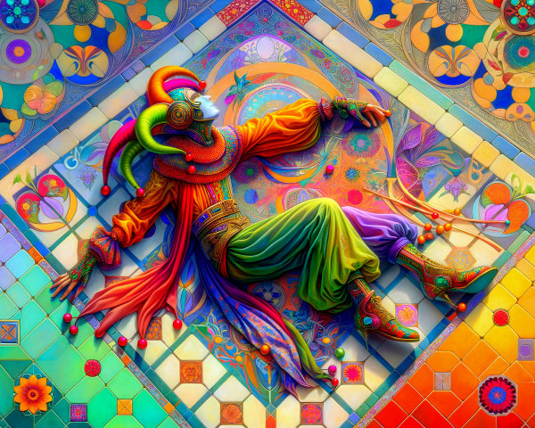 Vibrant Jester on Colorful Tiled Surface with Patterns