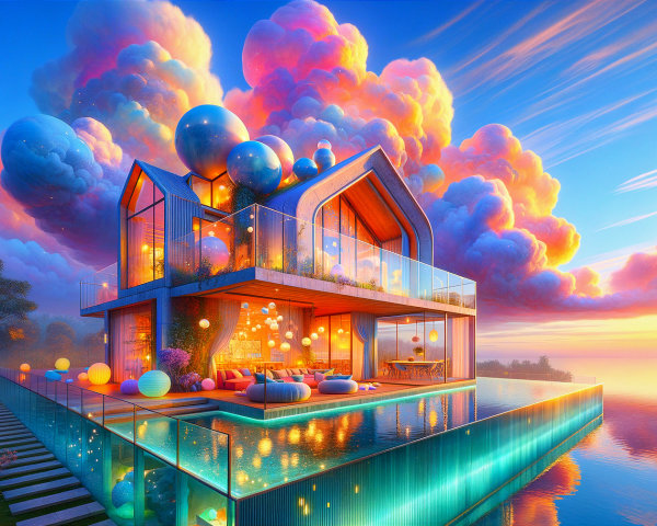 Modern house with glass windows and sunset clouds