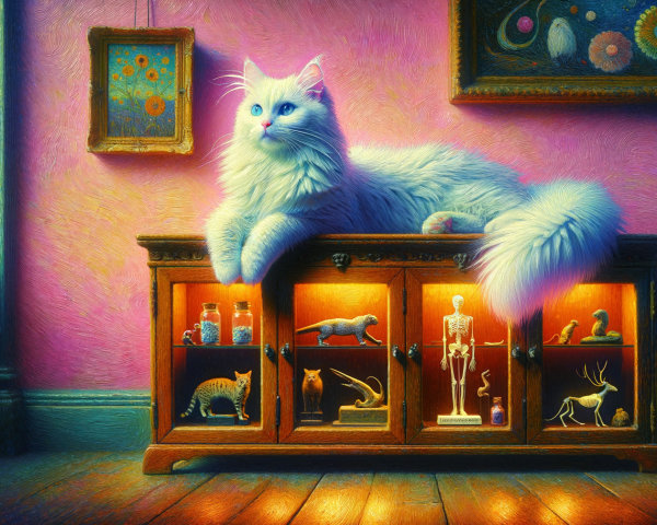 Fluffy White Cat on Wooden Cabinet with Displayed Objects