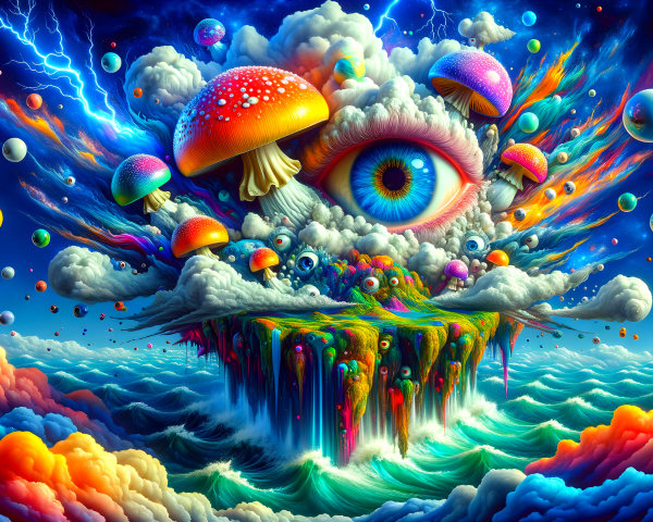 Surreal Landscape with Giant Eye and Colorful Elements