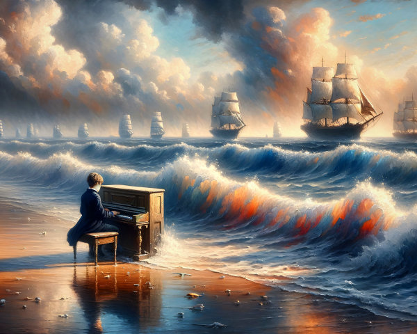 Coastal Scene with Piano, Waves, and Sailing Ships
