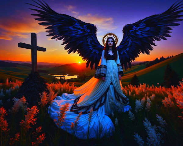 Angel in a Lush Landscape at Sunset with Cross