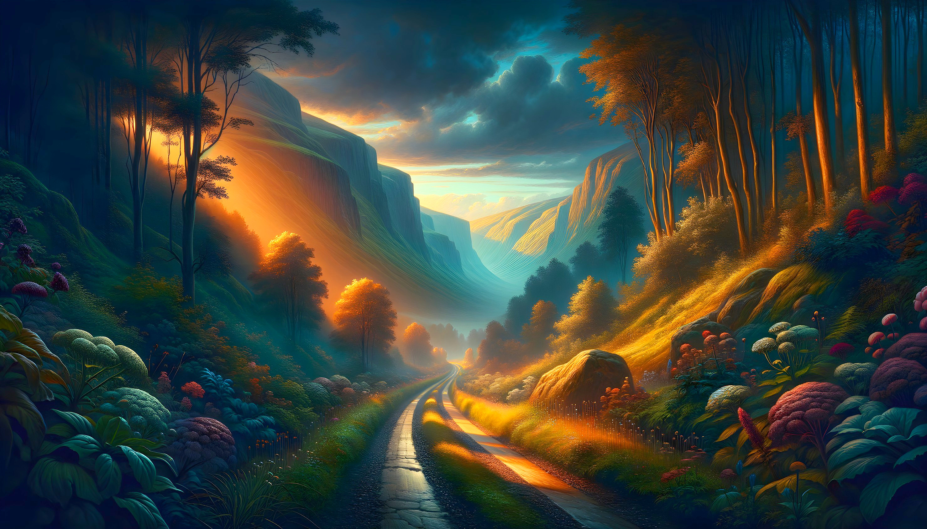 Serene Landscape with Winding Road and Sunset Glow