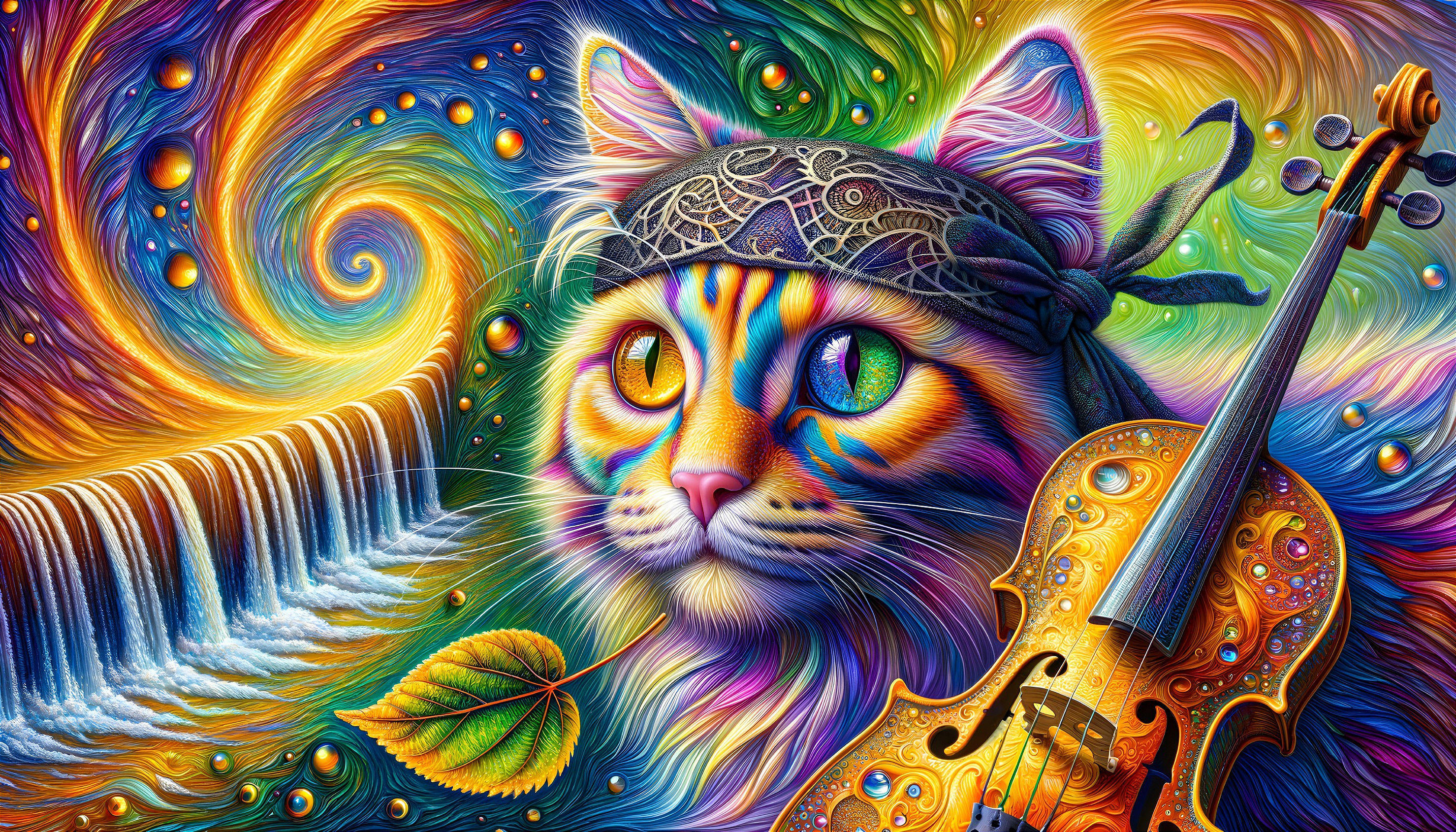 Colorful cat with bandana and violin on psychedelic background