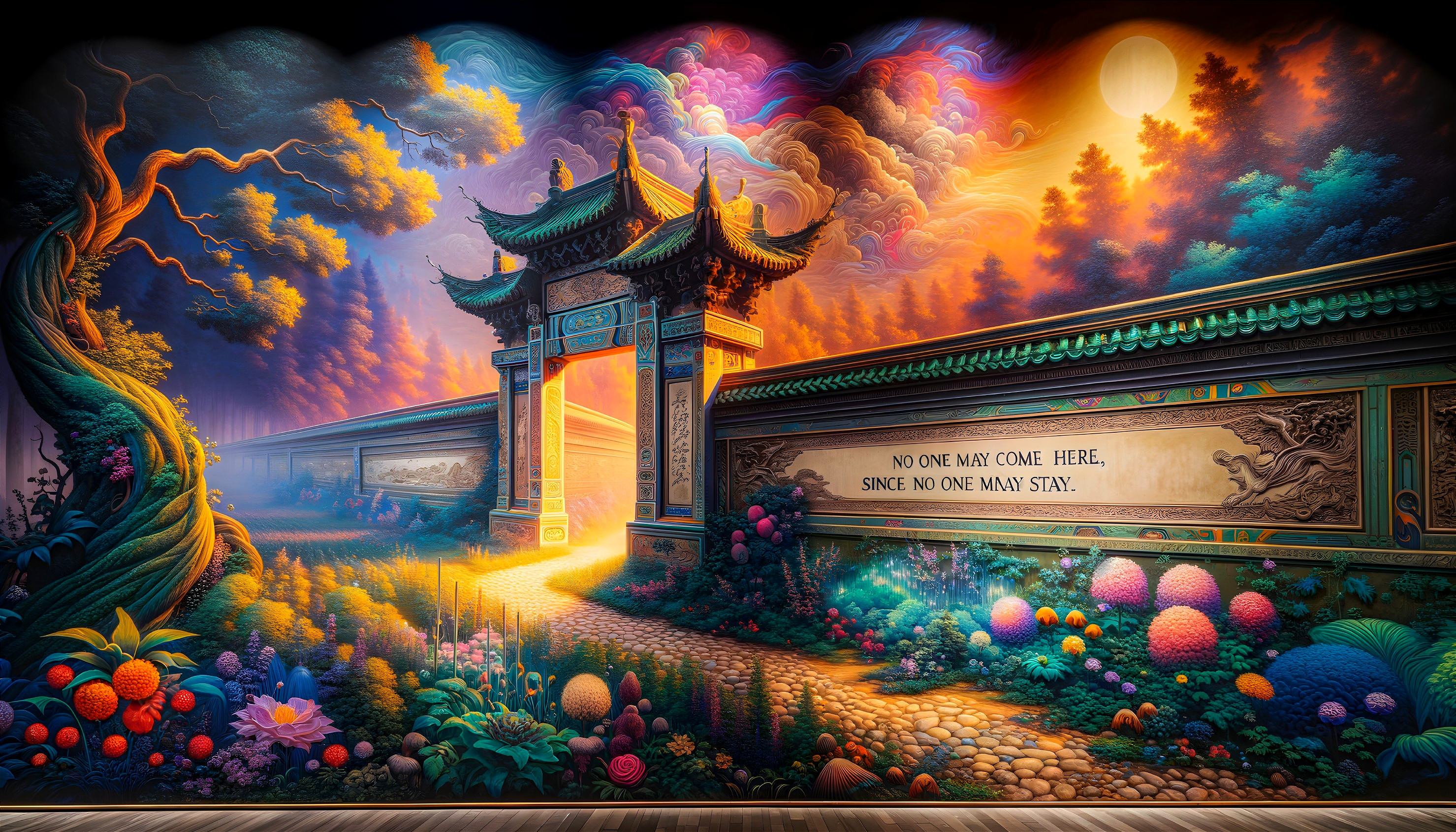 Surreal Landscape with Majestic Gate and Sunset Glow