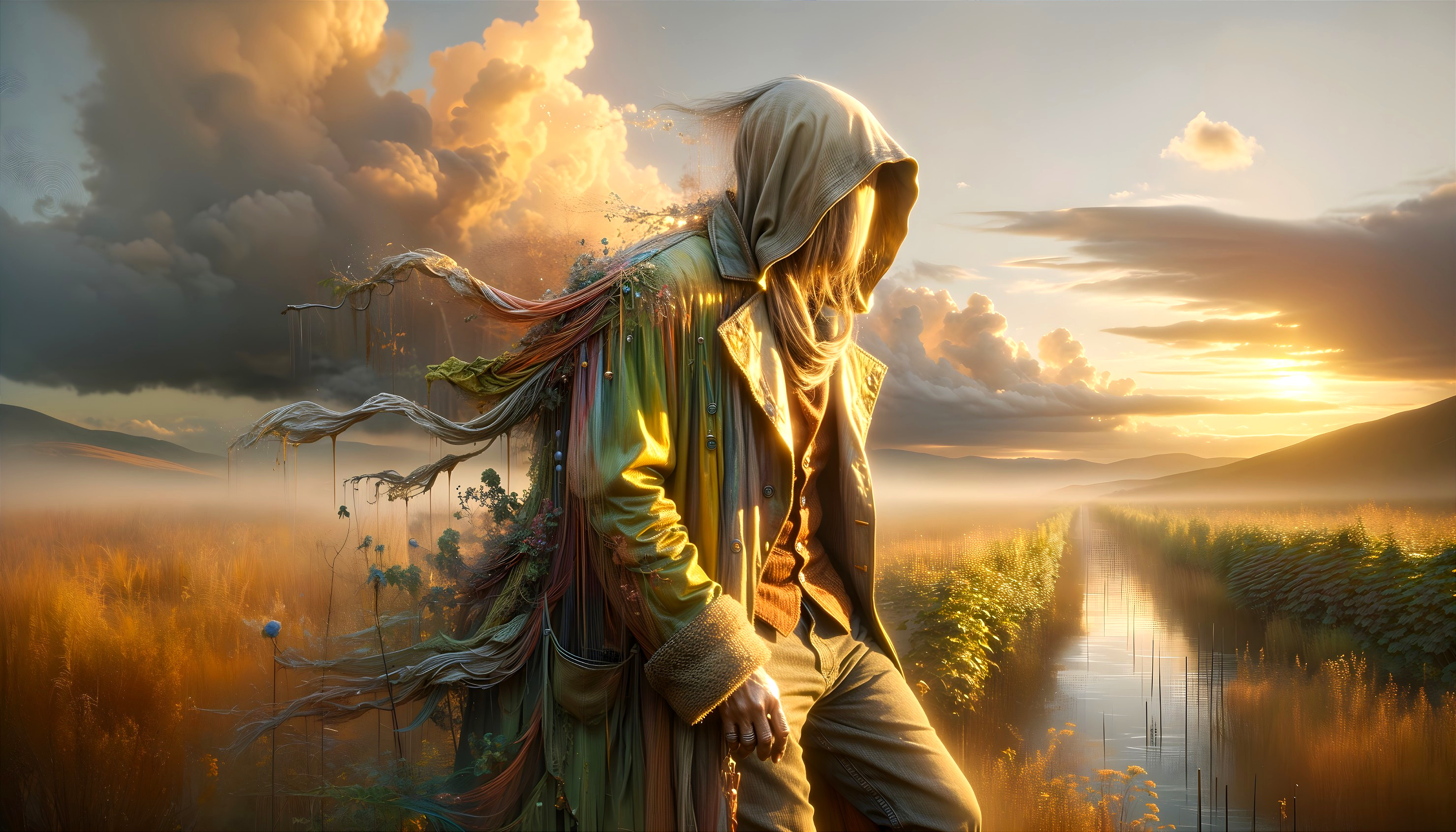 Mysterious Figure in Hooded Coat in Tranquil Landscape