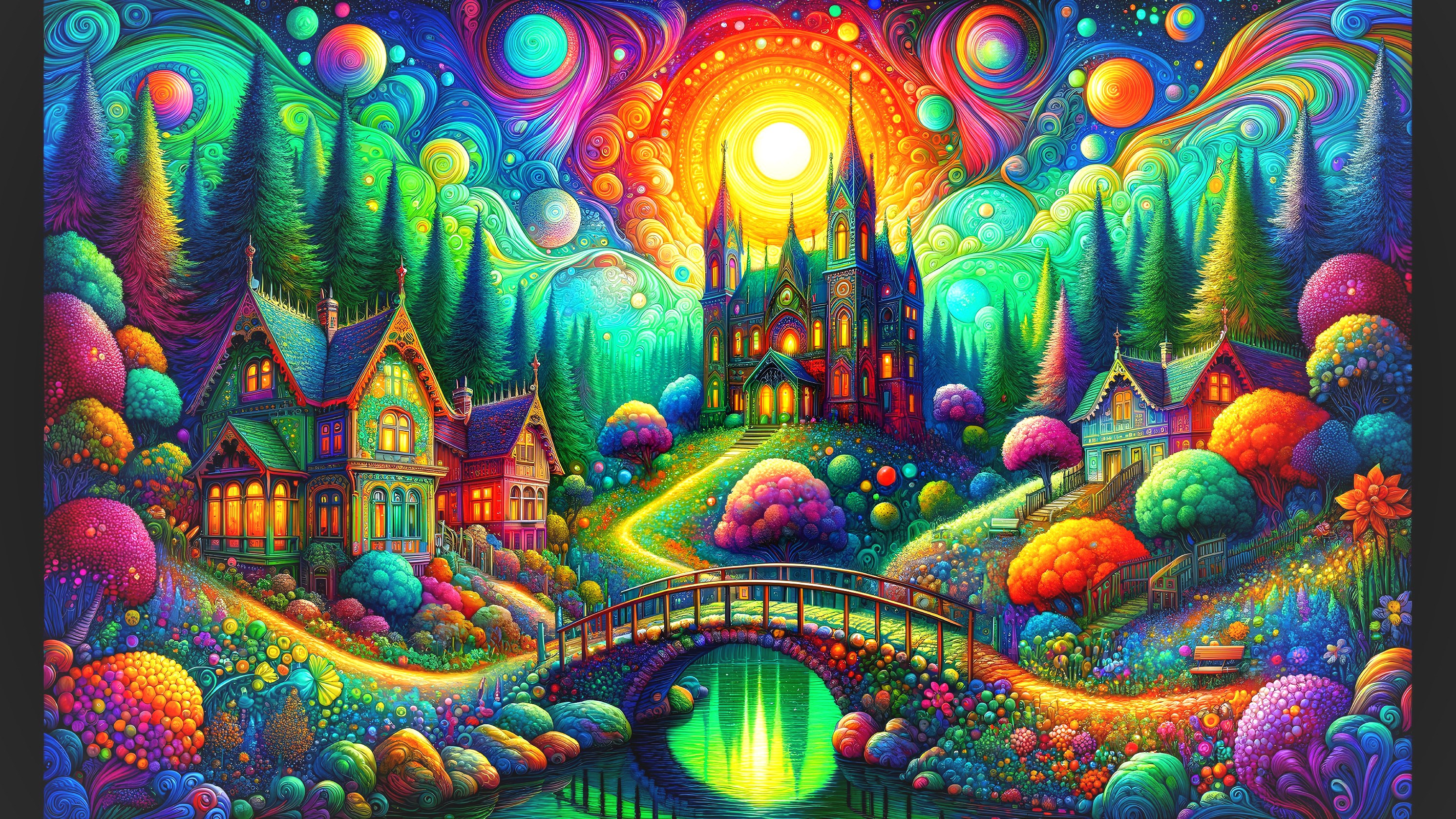 Psychedelic Landscape with Whimsical Houses and Colors