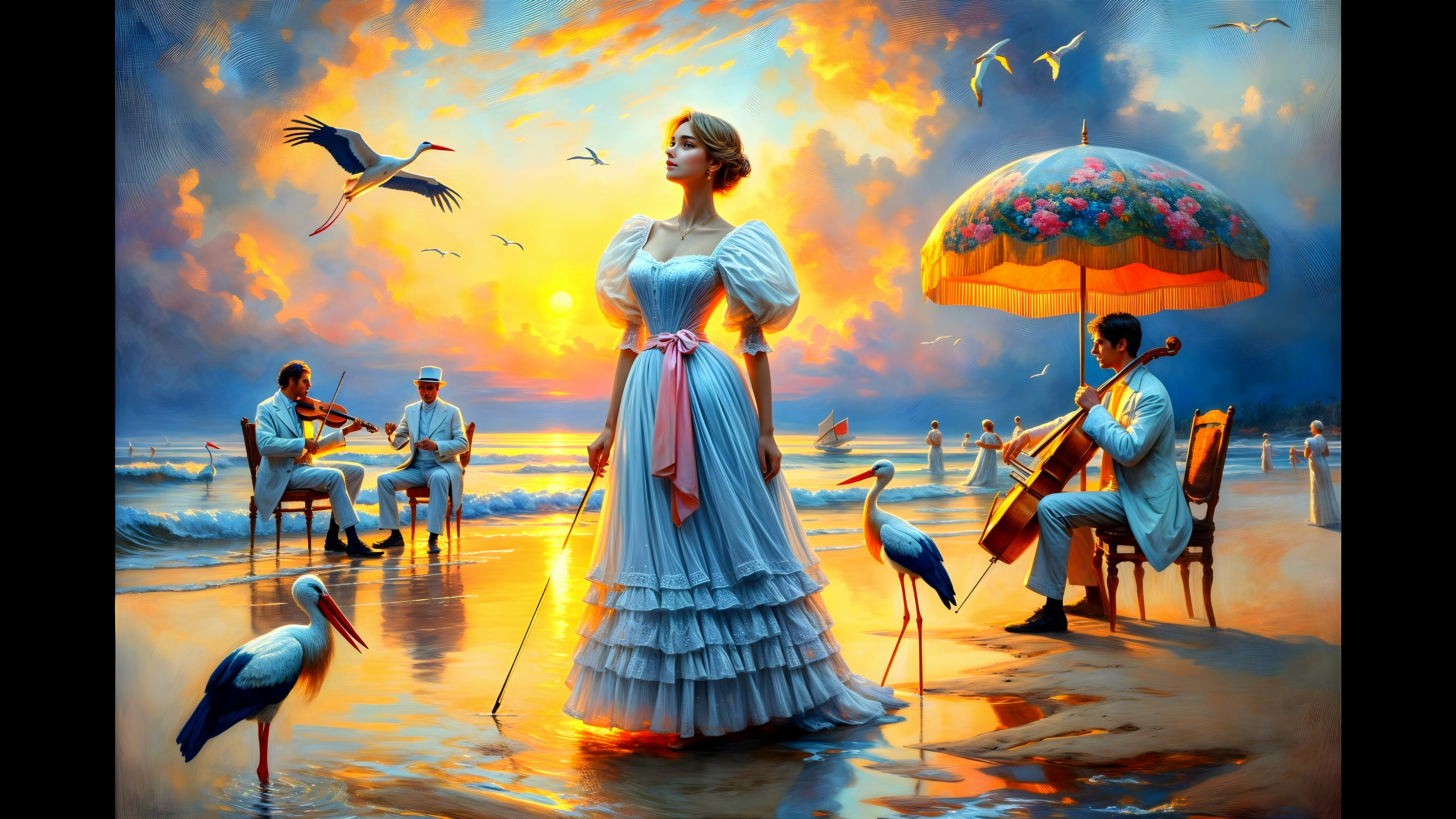Serene Beach Sunset with Musicians and Storks