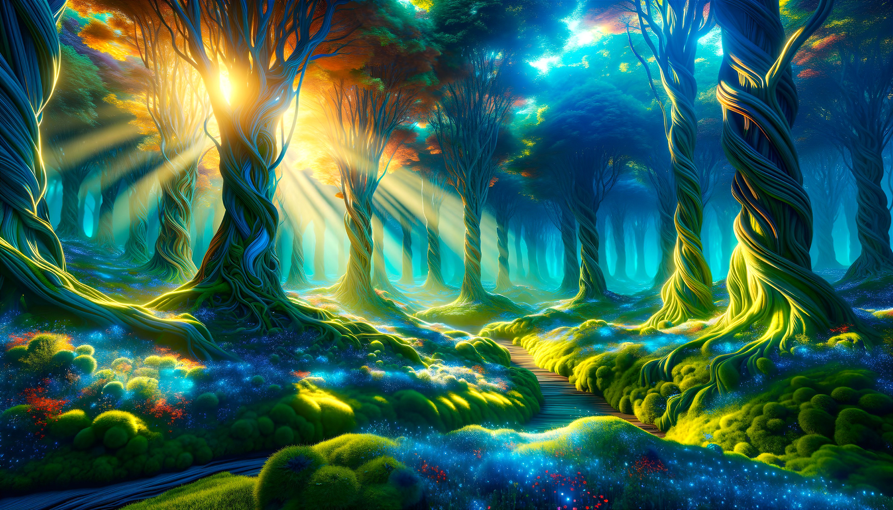 Mystical Forest with Ethereal Light and Vibrant Trees