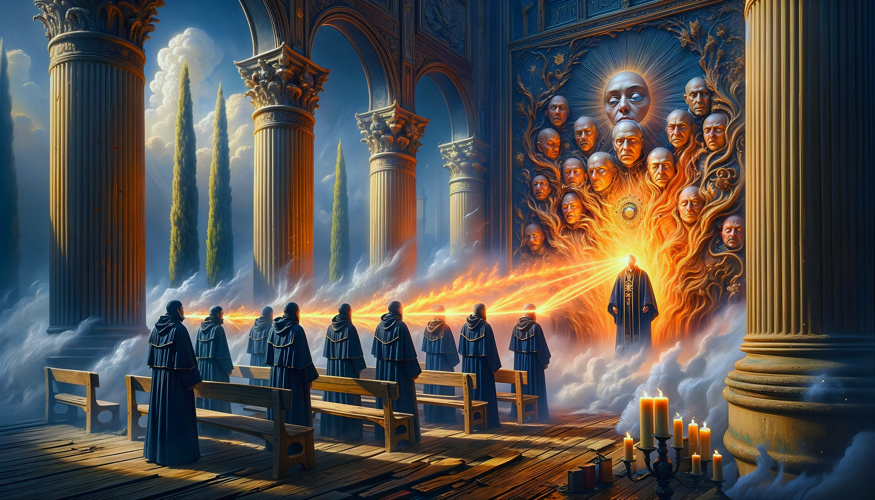 Cloaked Figures in Ornate Hall with Radiant Central Figure