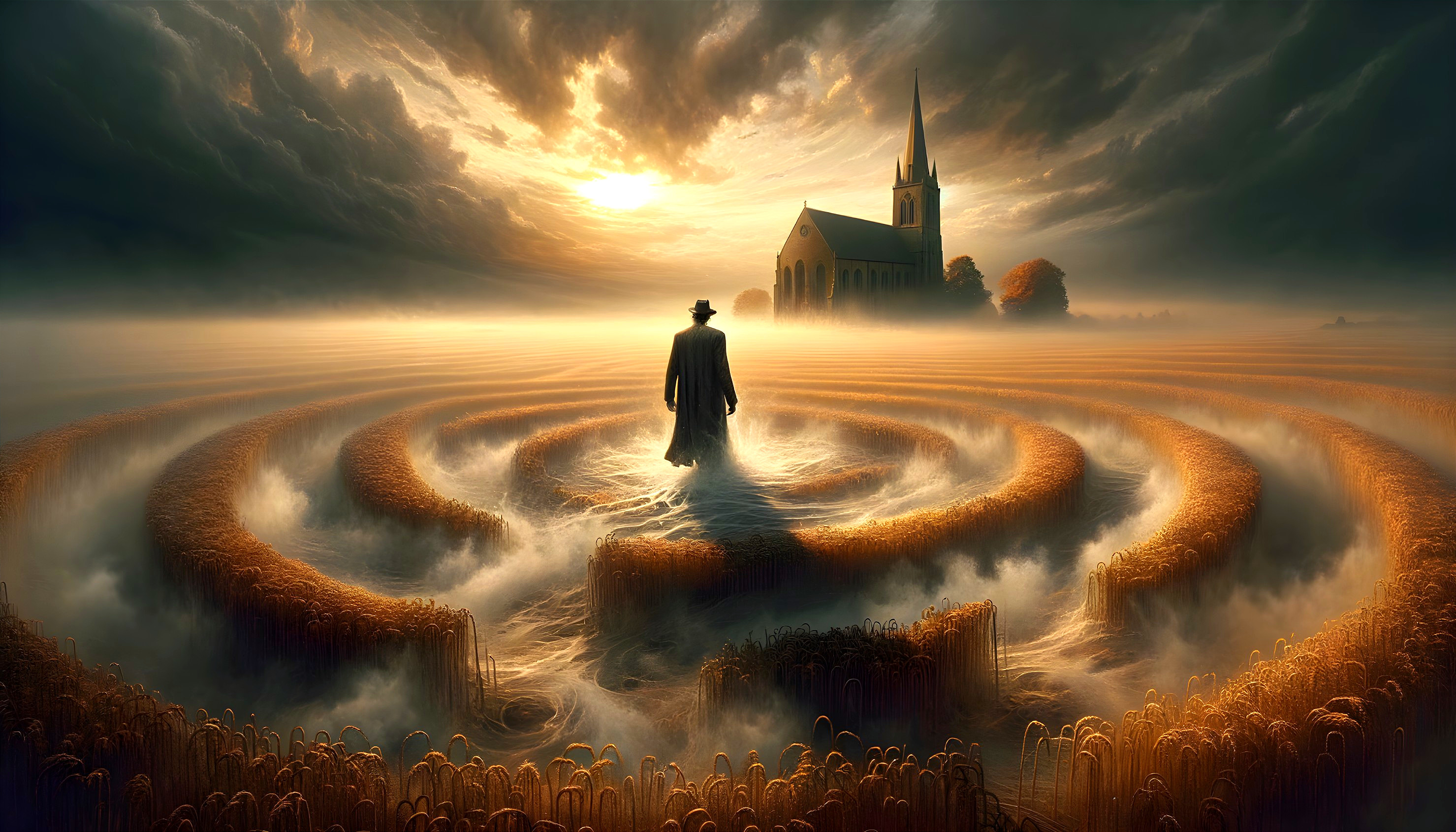 Lone Figure in Wheat Field with Church Spire at Sunset
