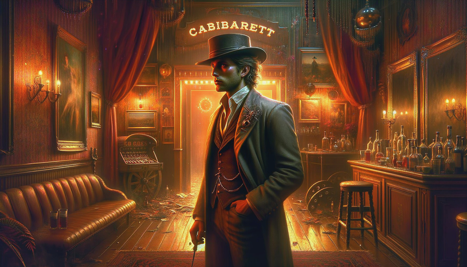 Vintage man in top hat at dimly-lit cabaret bar
