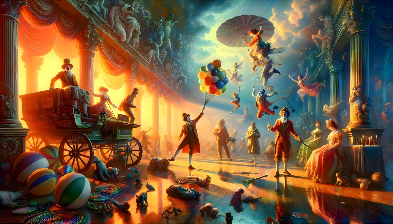 Vibrant Grand Hall with Jesters and Colorful Balloons