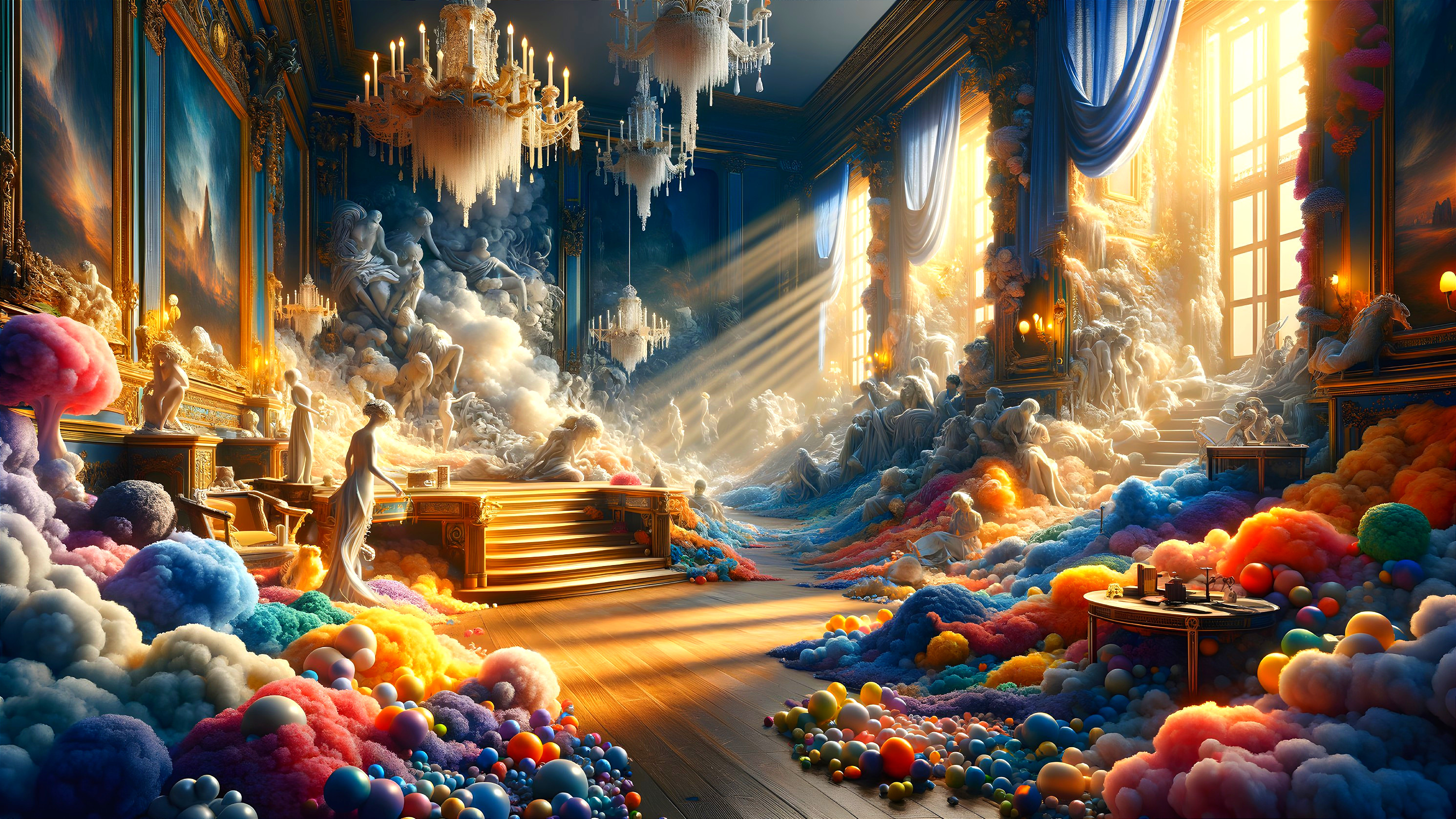 Lavish Room with Colorful Clouds and Sculptures