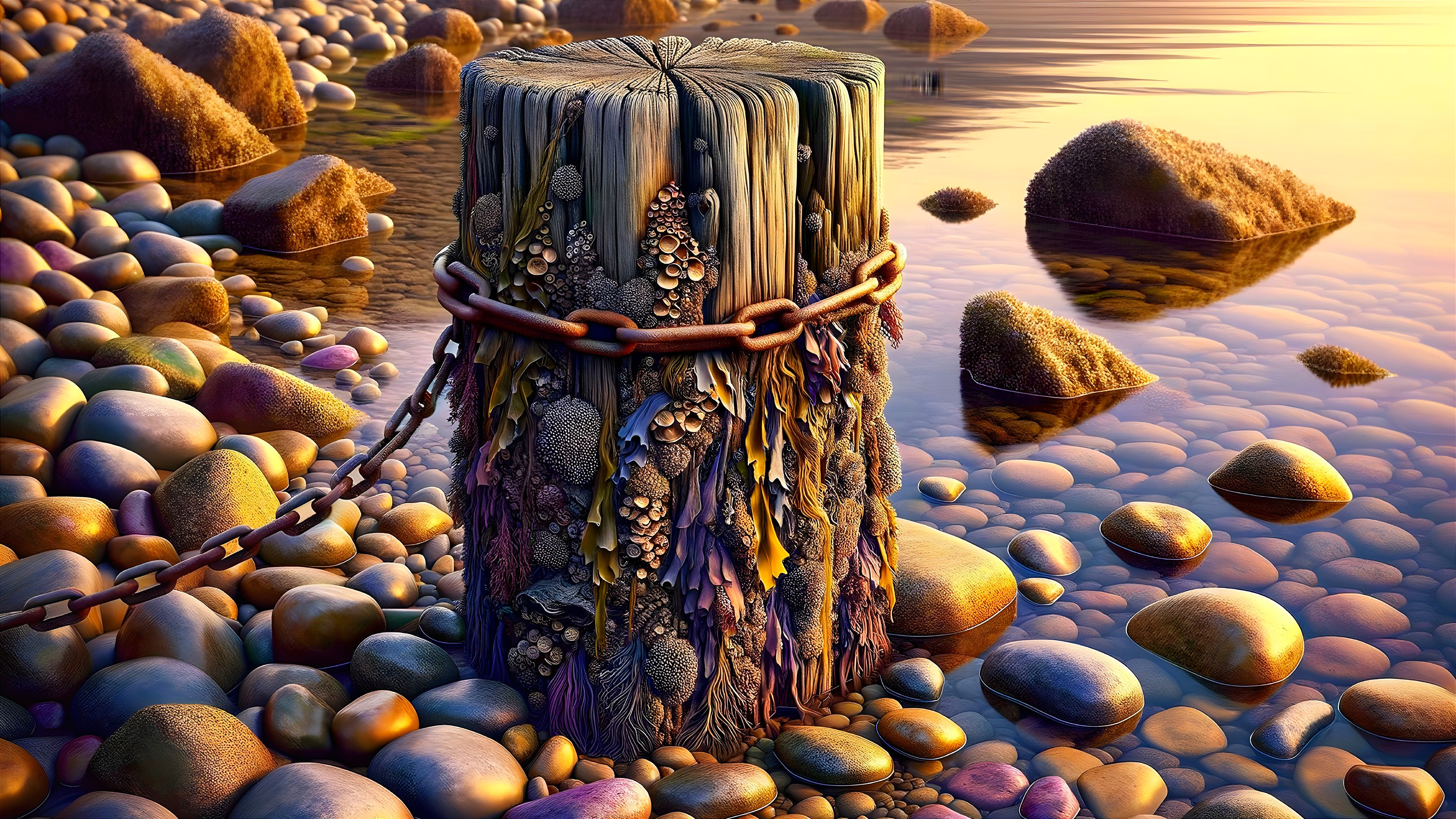 Weathered Wooden Post in Serene Coastal Waters