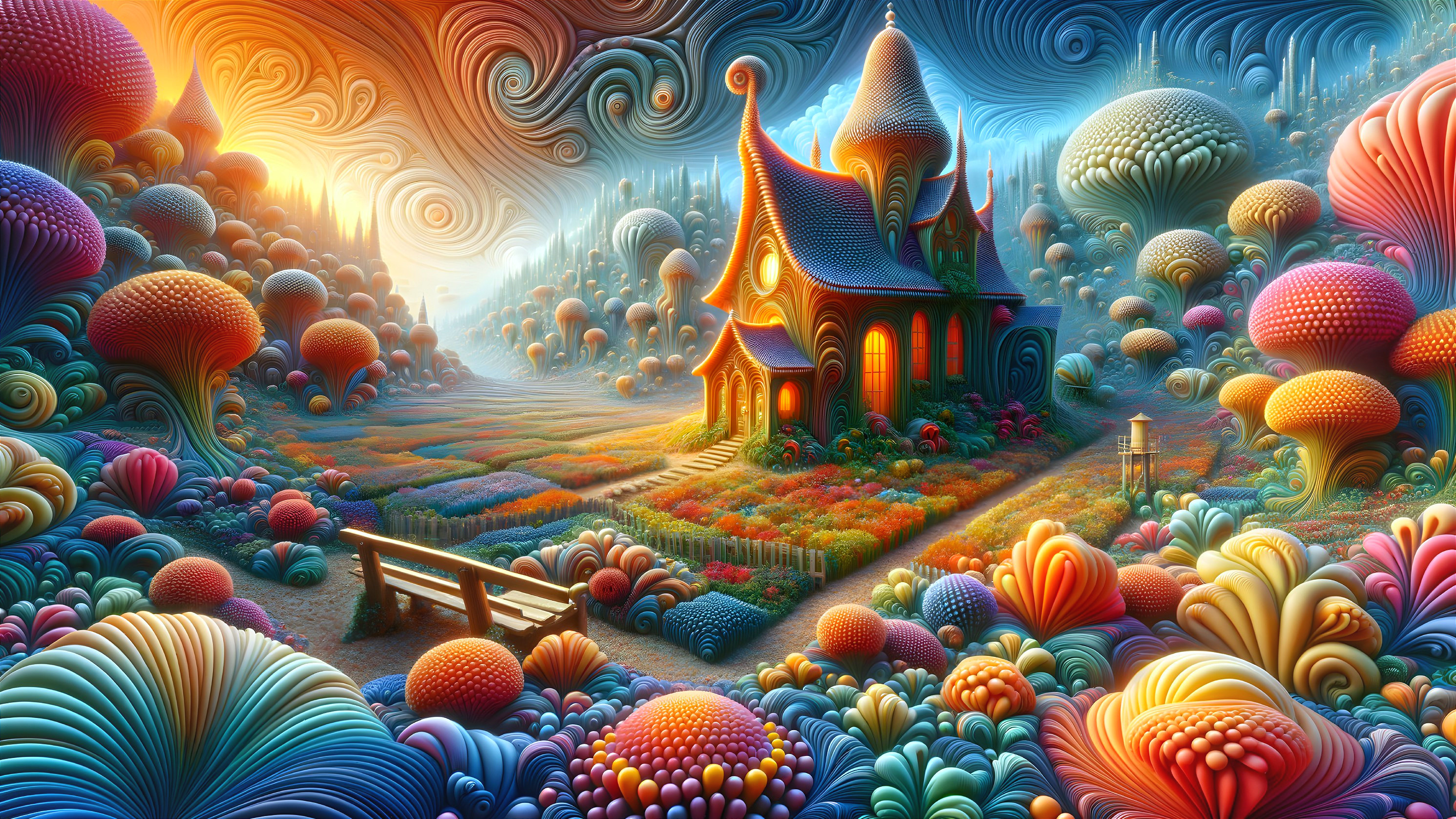 Whimsical House Surrounded by Vibrant Mushrooms and Flora