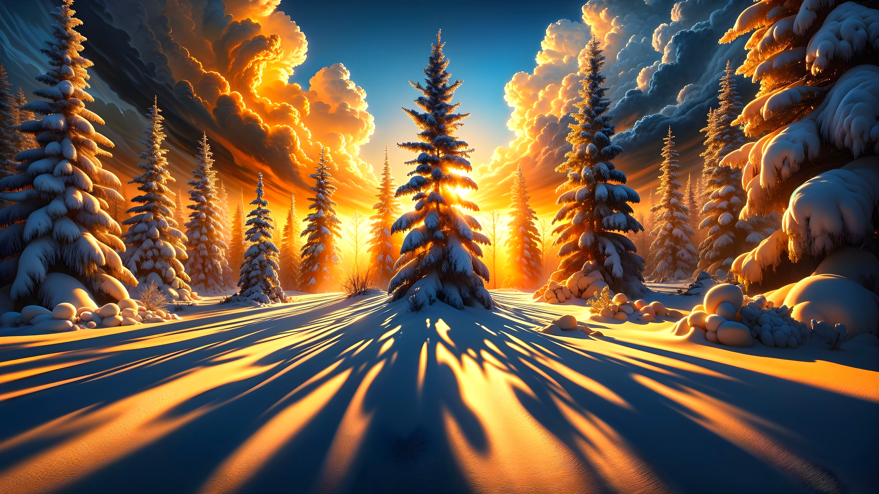 Winter Landscape with Snowy Pines and Sunset Sky