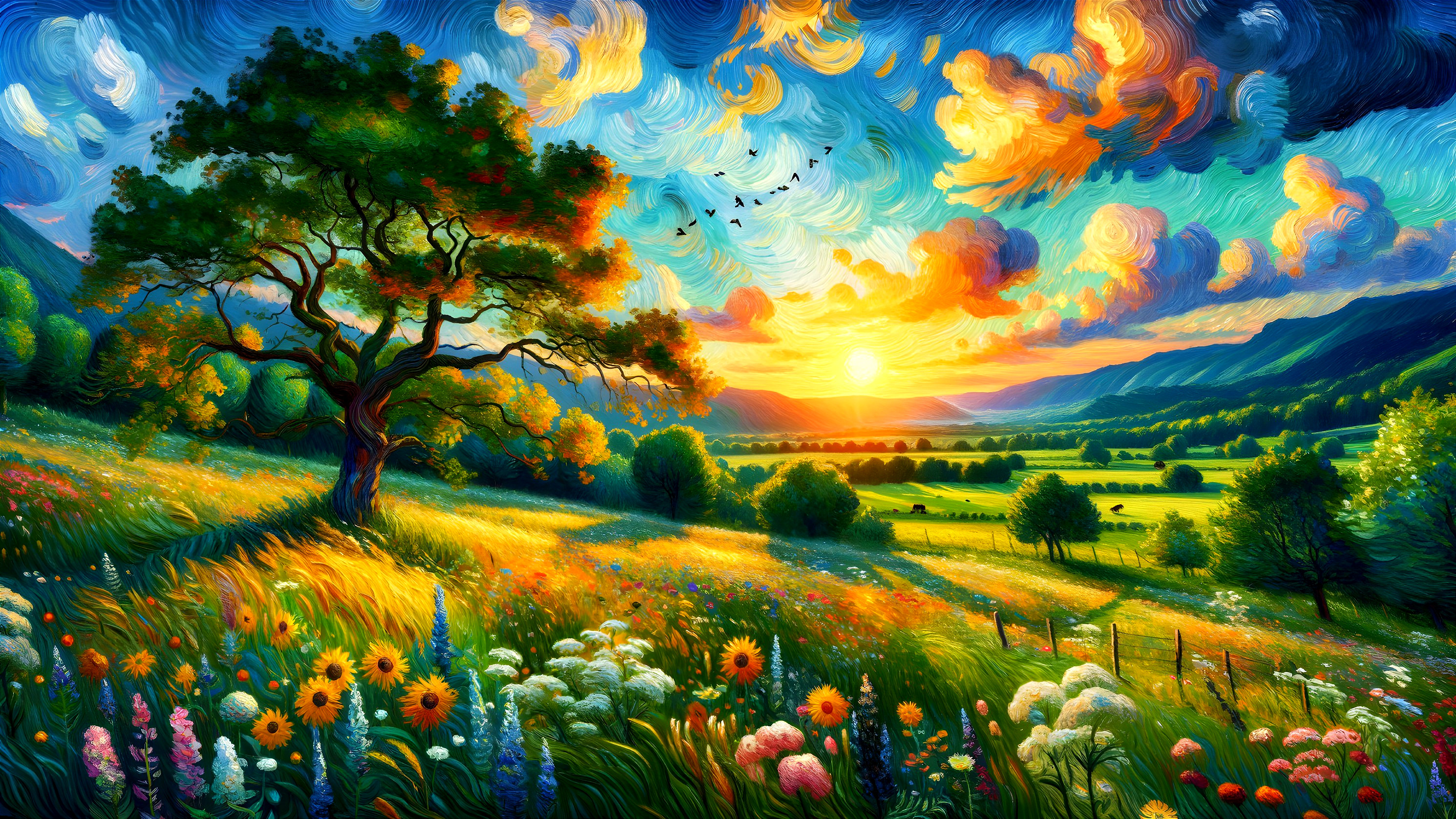 Vibrant Sunset Landscape with Tree and Wildflowers
